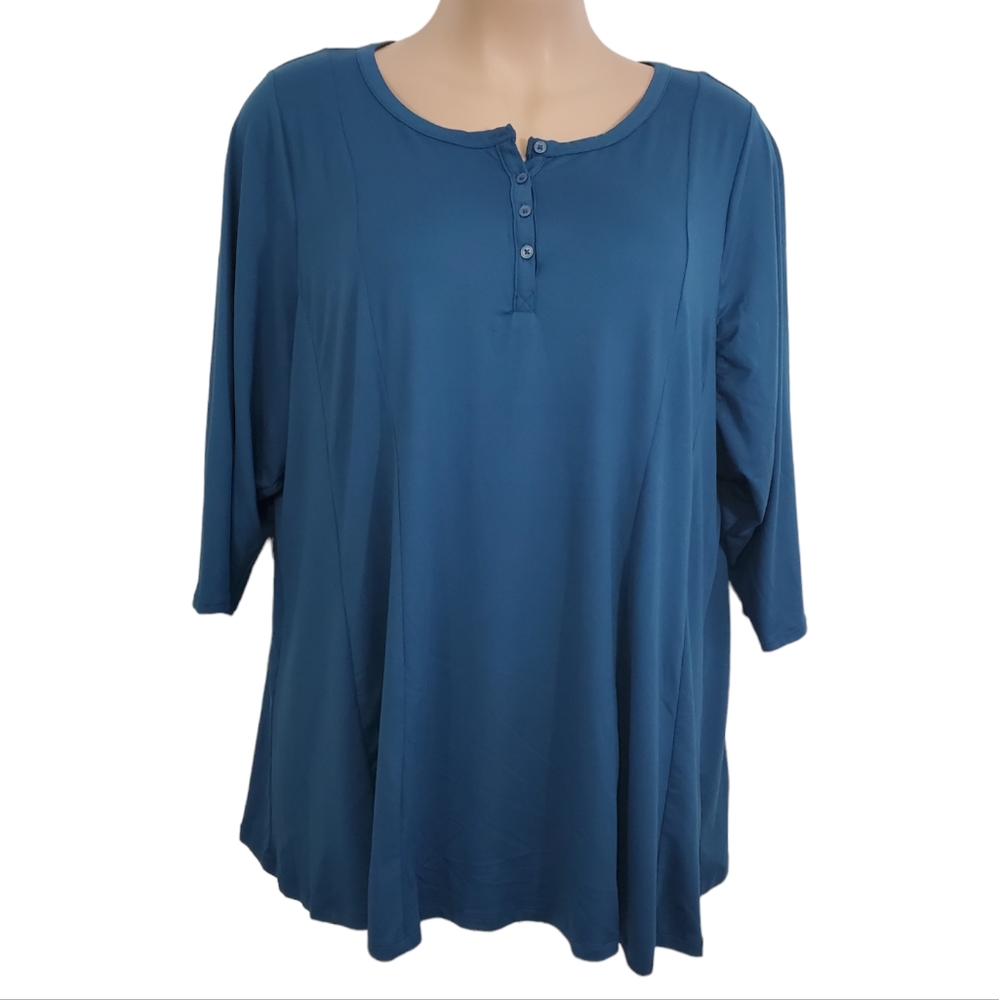 LANE BRYANT Women's Teal Button V-Neck 3/4 Sleeves Top Size 26/28 Casual